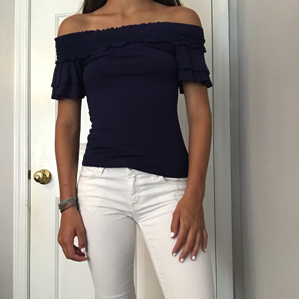 Blue off the shoulder shirt